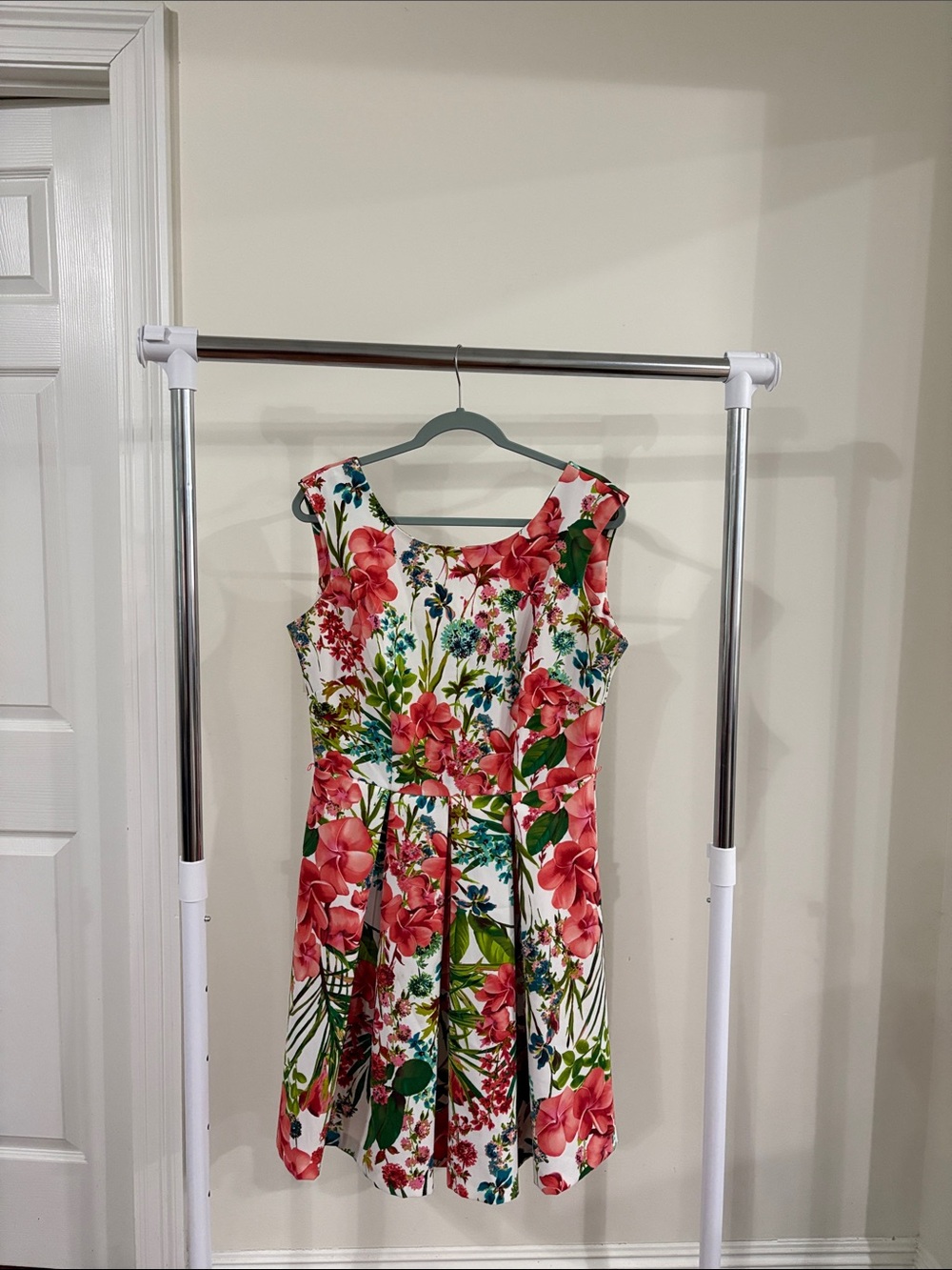 Danny & Nicole White Sleeveless Floral Fit-&-Flare Dress with Pink & Green